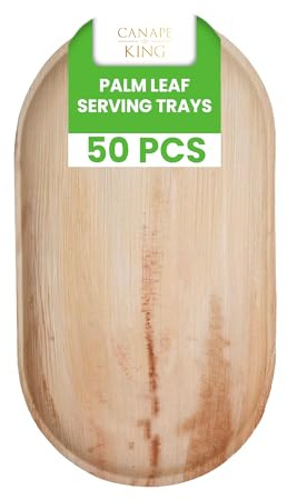 Canape King 50pcs Palm Leaf Serving Trays 55x30cm | Large Oval Biodegradable Platters | Eco Party Platters