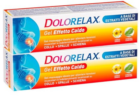 Dolorelax Gel Muscolare Effetto Caldo Riscaldante Termico Massaggio per Dolori Muscolari e Articolari di Schiena Spalle e Collo a Base di Estratti Vegetali con Arnica e Canfora - 2 Flaconi da 75ml