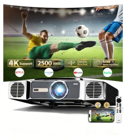DESS 4K Smart Home Theater Video Projector with WiFi, Bluetooth, HDMI | 4K Home Theater Video Projector with Auto-Align Electric Bracket, WiFi 6, BT, HDMI, Daytime Movie, Proyectores 4K