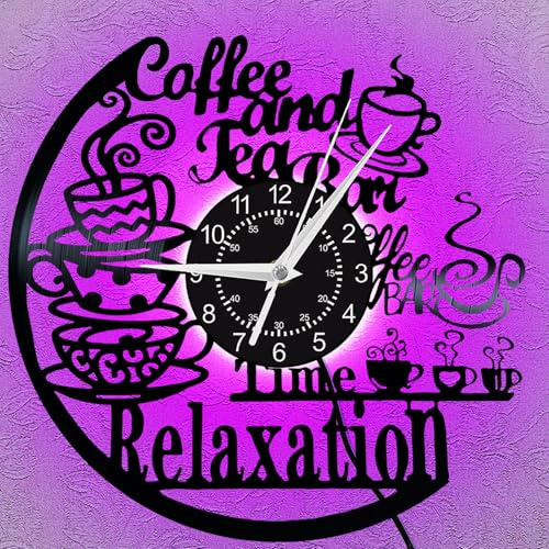 Vintage Vinyl Record Wall Clock, Unique Silent Kitchen Heart of Home Theme Clock, Coffee Bar Decor, Kitchen Living Room Decor, Christmas Valentine's Day, New Year Gift for Women Wife (with LED, A)
