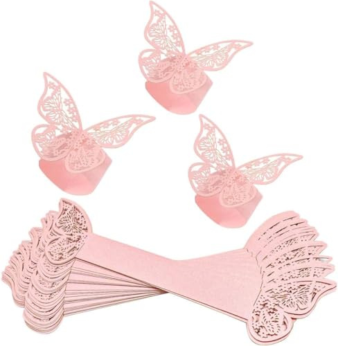 Angelkiss 50 Stück Serviettenringe,Schmetterling,Elegante Serviettenschnallen,ausgehöhlte Serviettenschnallen aus Schmetterlingspapier für Hochzeit, Bankett,Party (Pink)