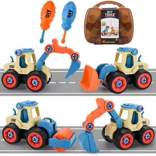ZUSUZU Bagger Spielzeug ab 3 4 5 Jahren für Jungen,4 in 1 DIY Zerlegbare Baustellenfahrzeuge Set,Montage Spielzeug Auto,Lernspielzeug für Kinder ab 3 Jahren,DIY Konstruktionsfahrzeuge für Jungen