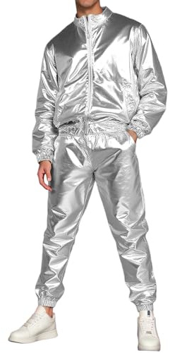 Foweknow Karneval Kostüm Herren Metallic Glänzende Zweiteiliger 80Er Jahre Outfit Herren Mode Casual Disco Party Outfit Bomberjacke Hose Anzug Pailletten Abschlussball Bühnenshow Verkleidung
