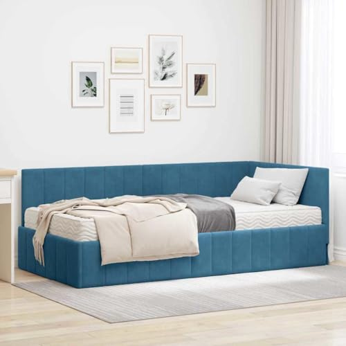Amorsee Boxspringbett 90 x 200 cm mit Matratze, Einzelbett mit Matratze, Polsterbett, Sofabett, Tagesbett, Universelle Bettseite, Bett, Schlafzimmer, Kinderzimmer, Blau