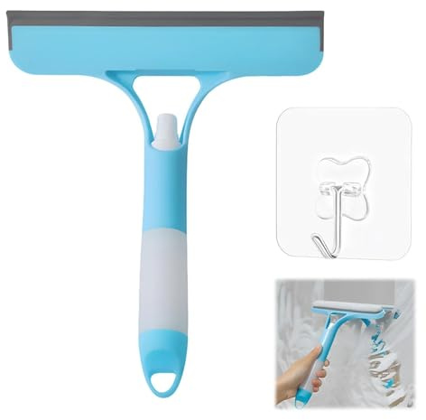 3 in 1 Window Cleaning Scraper, Multi-Function Shower Glass Cleaner, Window Squeegee, Squeegee and Brush, with 1 Hook, for Car, Bathrooms, Home, Kitchen Windows, Blue