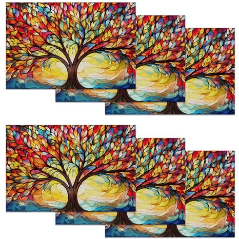 Placemats Set of 6,Tree of Life Washable Table Mats for Dining or Coffee Table,Colorful Abstract Heat Resistant Non-Slip Place Mats for Home Party 12x18