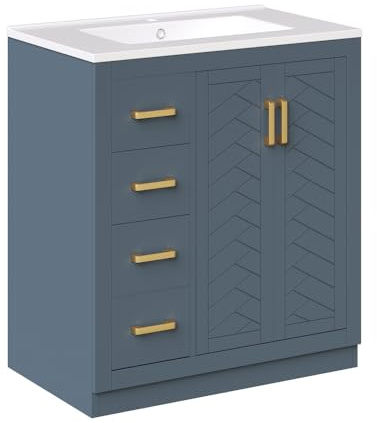 MUZHIXIANG Mueble de lavabo independiente con lavabo, color blanco, 76 cm, con 2 cajones, mucho espacio de almacenamiento para baño (azul + cerámica + tablero de fibra de densidad media)