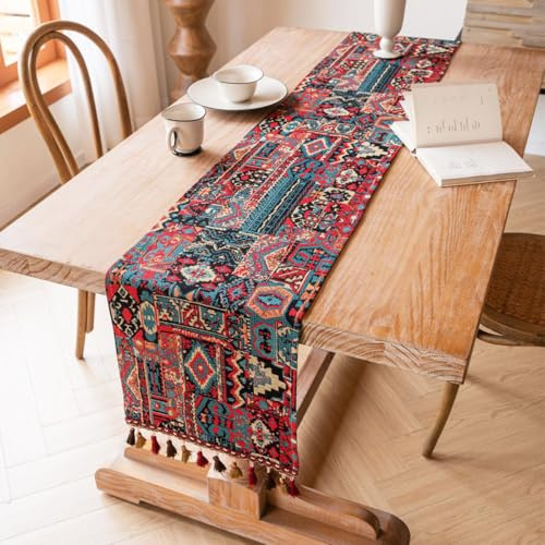 Tokusyou Rot Tischläufer Ethno Vintage Bohemian Leinen Tisch Dekoration Geometrisch Rustikaler Jacquard Baumwolle Tischläufer mit Quasten Tischdecke für Geburtstag Party 33x180cm