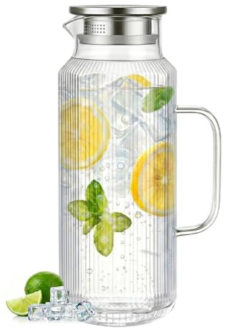D.M DESIGN·MASTER[68 OZ/ 2 Liter] - Octagon Glass Water Pitcher with Lid and Spout, Classic Stripes Water Pitchers with Handle, Borosilicate Glass Carafe for Hot/Cold Drink, Perfect for Juice, Coffee.