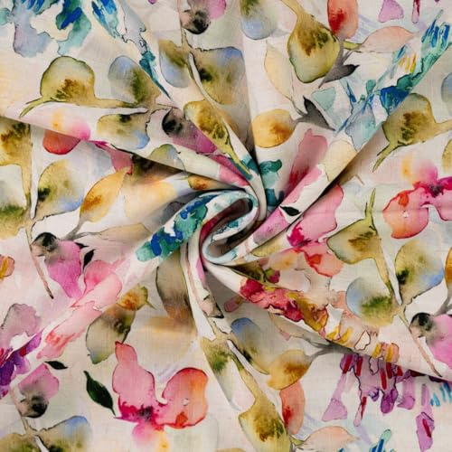 Viskose-Leinen Stoff Meterware bedruckt - Halbleinen bedruckt Blumen - Leinenstoff Blätter, Viskosestoff Blümchen - ÖkoTex babytauglich *ab 50cm, Farbe: 004 Blätter aquarell
