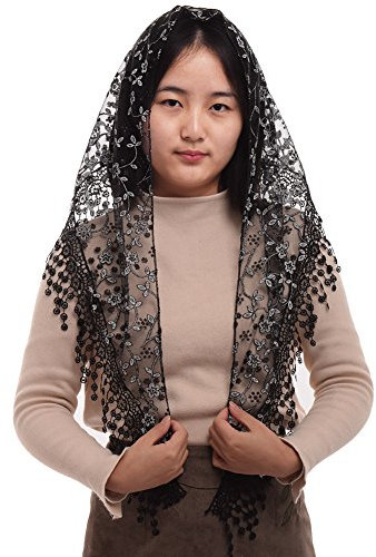 BLESSUME Frau Dreieck Muster Schleier Klassisch Mantilla Weich Spitze Kapelle Schleier (Black)