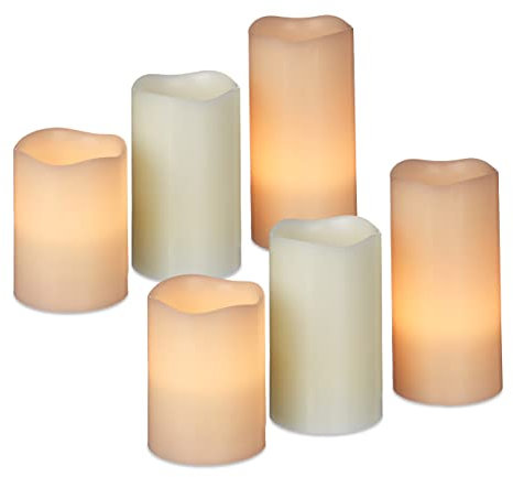 Relaxdays 6er Set LED Kerzen, Echtwachs, elektrische Kerzen, flammenlos, flackernd, Batteriebetrieben, 7 cm Durchmesser, Creme