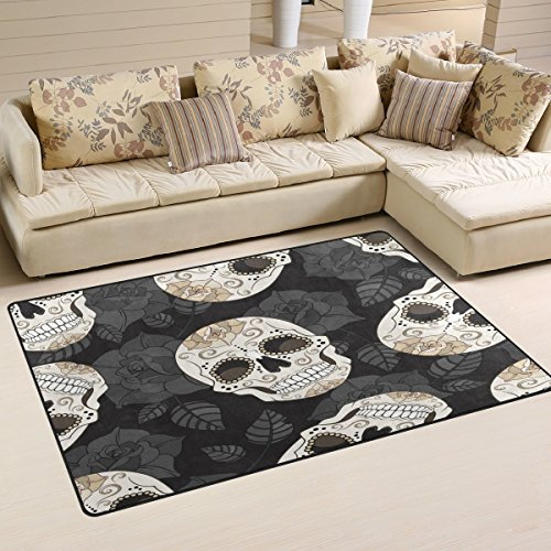 Use7 Retro Totenkopf Floral Leaf Teppich Anti-Rutsch Fußmatte Fußmatte Fußmatten für Kinderzimmer Wohnzimmer Schlafzimmer, Textil, mehrfarbig, 100 x 150 cm(3' x 5' ft)