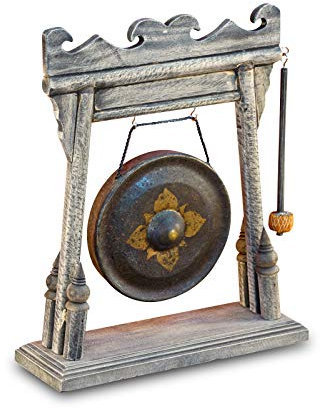 Dekorativer Tempel Gong mit Holzrahmen – Handarbeit aus Thailand – Asiatische Klangschale mit Klöppel – Traditionelle Tempel-Deko für Zuhause oder Büro