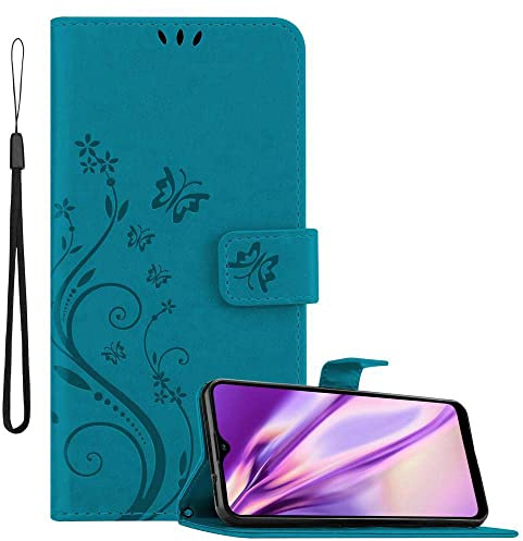Cadorabo Hülle kompatibel mit Samsung Galaxy A20s Blumen Design aus Premium Kunst Leder Flip Klappbare Stoßfeste Magnetische [Standfunktion] [Kartenfächern] Cover Hülle für Galaxy A20s Tasche in Blau