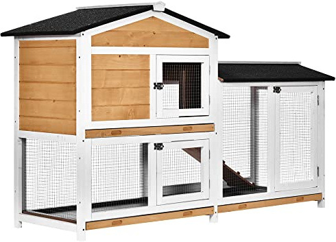 PawHut 62 Rabbit Hutch, Wooden Bunny Hutch, Guinea Pig Cage, Small Animal Enclosure with Run Area, Removable Tray, Asphalt Roof, Lockable Doors and Ramp, Nature Wood