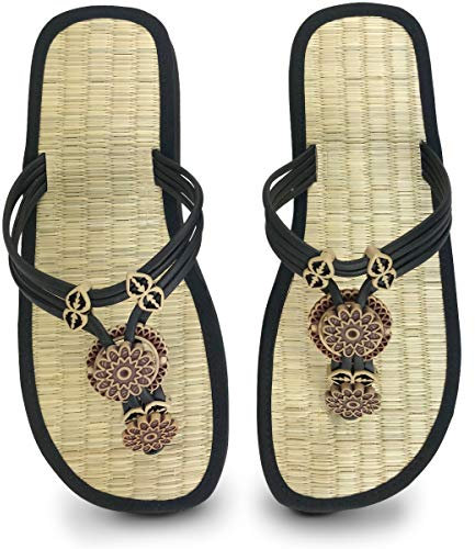 Japanwelt Les Tongs Zimtlatschen Caribbean Zehentrenner - Kunstharzverzierung Sandalen Zimtsohlen ? Damen Größe 37/38 EU Natur/Schwarz