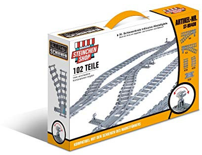 Steinchenshop XL Oval Schienenset – 102 Teile – Gleis System mit Kurven, Geraden, 7 Weichen & 22 Flexschienen – 172 x 228 cm – kompatibel mit Sluban, Q‑Bricks, Cobi, Lego u.v.m. - für Citybauten & co.