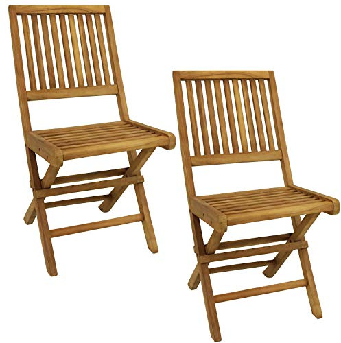 Sunnydaze Foldable Teak Wood Outdoor Chairs – Folding Patio Chair Set of 2 for Deck or Balcony – Wooden Teak Furniture with Light Finish