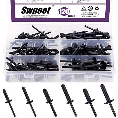 Swpeet 120 Stück 6 Verschiedene Größen Schwarz Nylon Universal Pop Nieten Sortiment Kit Kunststoff Nieten Clip Nylon Nieten für Jeep Wrangler 07–15, Chrysler 300 99–10, Dodge Avenger 08–14,