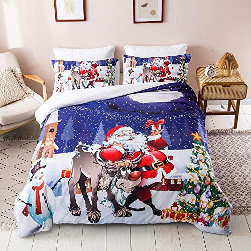 RYQRP Bettwäsche 135x200 Weihnachtsmann Elch Bedruckte Bettwäsche Set 3-Teiliges Polyester mit Reißverschluss 1 Bettbezug und 2 Kissenbezug für Kinder Jungen Mädchen Erwachsene, Einzelbett
