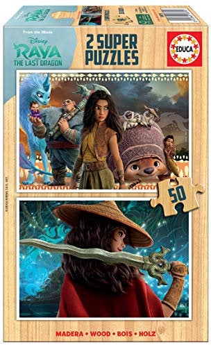 Educa 18879, Raya und der letzte Drache, 2x50 Teile Puzzleset für Kinder ab 4 Jahren, Holzpuzzle, Disney