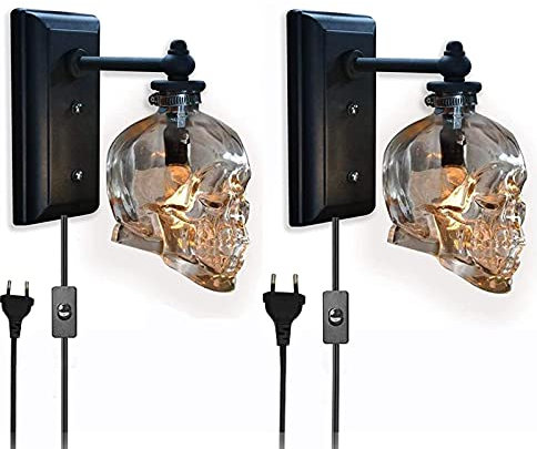 VOMI Retro Wandlampe mit Schalter, E14 Fassung Totenkopf Wandleuchte Halloween Schädel Lampe Indirekte Wandbeleuchtung Innen mit Eu Stecker Kabel, Schwarz, 2 Stück