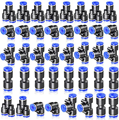 ERGAOBOY 40 Pcs 4MM Tube OD Push to Connect Fitting Kits,Blue 10 Straights 10 Elbows 10 Tee 10 Splitters Push Lock (PU4)