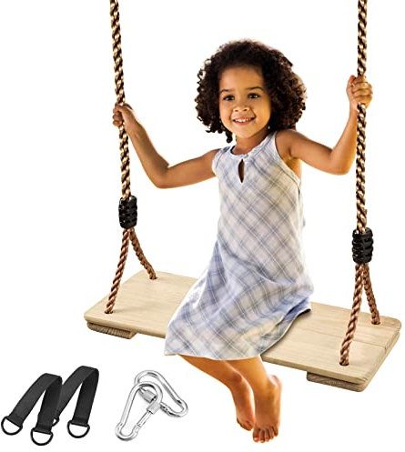 Pellor Antikorrosive Schaukel Holz Garten Schaukel mit Karabiner aus Edelstahl und Hanfseil, Erwachsene Kinder Holz Schaukelsitz für Innen und Außenbereich