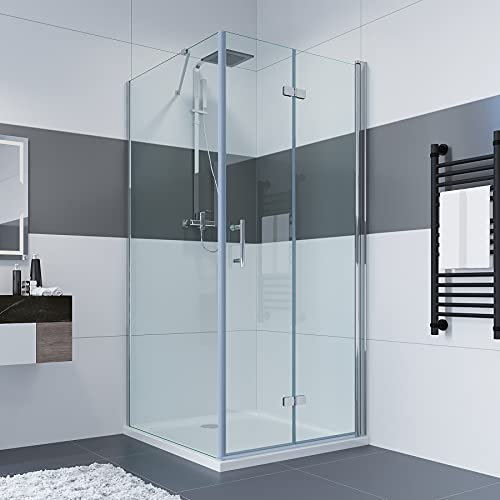 IMPTS Duschkabine Eckeinstieg 120x90 x 195 cm Duschabtrennung mit Falttür Rahmenlos Eckdusche Duschtür Scharniertür Glas, MIT Duschtasse & Ablaufgarnitur