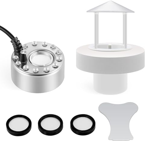 Mxmoonant 350ml/H Ultrasonic Mist Maker Fogger Metal 12 LED Lights Mister with Removable Splash Guard & Ceramic Discs for Water Fountain Pond Pot Rockery Sink