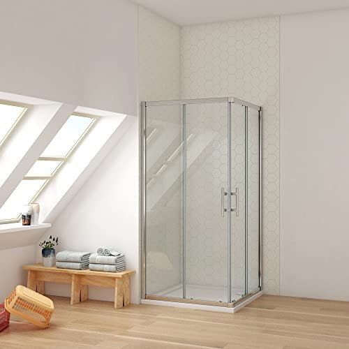 Ducha Casa 90x90x195cm Mampara de ducha angular corredera cuatro hojas(dos movibles y dos fijas), 6mm cristal templado antical, marco de aluminio cromado