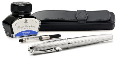 Diplomat Excellence A2 Guillochiert Chrom, Füllfederhalter im Set mit Stiftetui aus Leder, Schreibtinte und Konverter, Füller mit Edelstahlfeder Stärke M, Füllhalter-Set