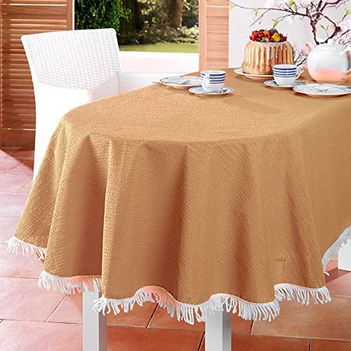 EMHELLE Gartentischdecke Garten Balkon Terrasse Tischdecke Camping Picknick Rund Oval Eckig Außen und Innenbereich Rutschhemmende Oberfläche mit weißen Fransen (150 x 210 cm Oval, Beige)