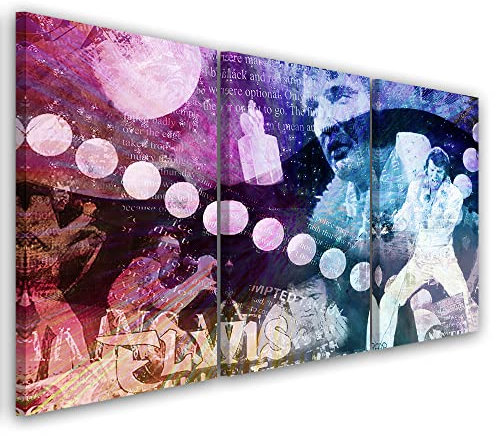 Feeby 3-teilig Vlies Leinwandbild 120x60 cm Porträt Abstraktion Elvis Presley Druckbild Wandbild Wanddekoration Deko Wand Aesthetic Sänger Schauspieler Pop-Kultur Violett
