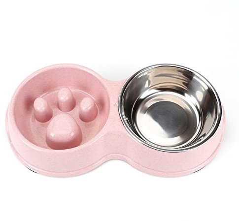 Double Slow Feeder Dog Bowl for Cat Dog and Puppy - Anti-choke Water and Food Puppy Feeder with Stainless Steel Detachable Dish and Non-Slip Bottom(S,Pink)