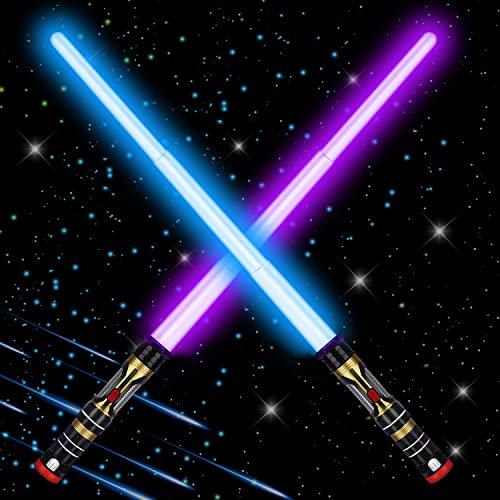 Kimimara Sable de luz para niños, espada láser retráctil, 3 colores, espada luminosa cambiable, con sonido para niños, regalo de fiesta, 2 unidades