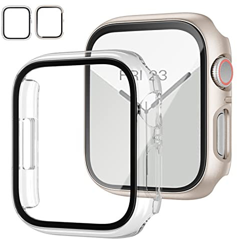 JZK Hard Hülle mit Glas Displayschutz Kompatibel mit Apple Watch (2023) Series 9 Series 8 Series 7 41mm, PC Schutz Case für iWatch S9/S8/S7, 2-Stück, Sternenlicht/Klar