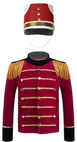 dPois Costume de Majeurtte de Bande Enfant Garcon Fille Veste Cirque Monsieur Loyal avec Chapeau Tenue de Tambour Fanfare Deguisement Casse-Noisette 3-16 Ans A Rouge 15-16 Ans