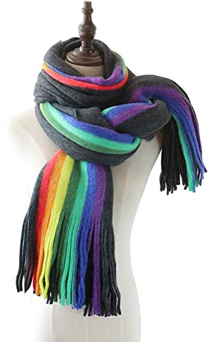 Vepoty Winter Langer Schal Weicher Regenbogenfarbener Schal Halswärmer Mode Dicke Quaste Schal Warmer Schal für Frauen Damen