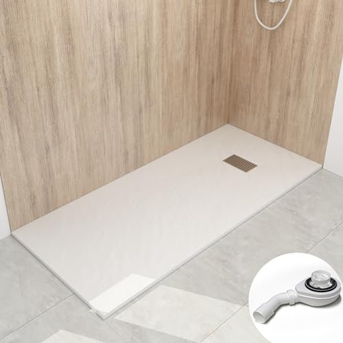 WITEN&NOCK Duschwanne 180x80 cm SMC Brausewanne Steinoptik Antirutsch Duschtasse Höhe 3,2 cm Niedrige Schwelle Extraflach Brausetasse mit Edelstahl-Abflussrinne und Ablaufgarnitur Ø 90 mm