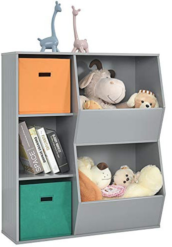 COSTWAY Bücherregal Kinder, 3-stöckiges Kinderregal mit 2 Boxen & 5 Fächern, Spielzeugregal Aufbewahrungsregal aus Holz für Kinderzimmer Schlafzimmer, 76 x 28 x 94cm (Grau, 5 Fächer)