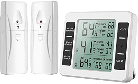 Kühlschrankthermometer, Ankilo Digital Thermometer mit 2 Sensor,Gefrierschrank Thermometer Wireless mit LCD-Display,Temperatur Alarm,Temperatur Tester für Haus