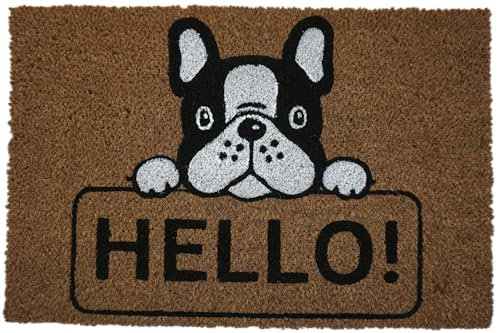 KOKO DOORMATS Kokos Fußmatte außen mit Anti-Rutsch PVC | Lustige Türmatte Hello - Bulldog | Umweltfreundlich, Robust & Pflegeleicht | 60x40 cm für Außenbereich & Haustür