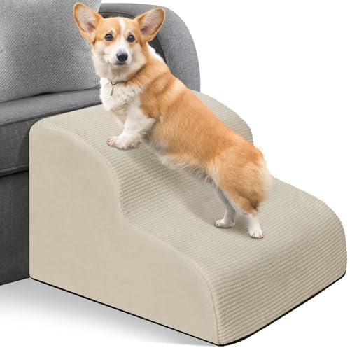 Dog Ramp Stairs 2 Steps for Small Dogs and Cats Beige, Pet Dog Ladder for Sofa Bed, Dogs Cats Ladder Non-Slip Foam with Removable and Washable Plush Cover