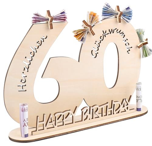 ENLACE Holzschild Gästebuch, 60 Geburtstag Mann Frau Deko, Holz Schild Gästebuch mit Ständer und 5 Holzpentagramme Deko Geburtstagsgeschenk, Geburtstag Deko für Frauen & Männer
