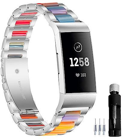 Gheper Harz Edelstahl Uhrenarmband Quick Easy Fit Kompatibel mit Fitbit Charge 4/Charge 3/SE Smartwatch Armband Ersatz Metall Armband für Frauen Männer