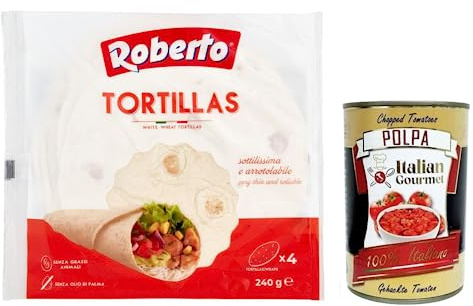 Italian Gourmet Tortillas bianche di frumento 1 x 240g Weizen Wraps weich | Quattro piadine sottili; sofort füllbar, für Burritos, Snacks und schnelle, Gesamtnettogewicht 240 g + Kostenlos Polpa 400g