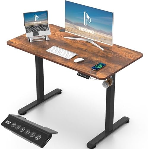 Homall Höhenverstellbarer Schreibtisch mit USB-Buchse 100x60 cm, Computer Stehschreibtisch, Ergonomischer Homeoffice-Tisch (100x60cm, Vintage Brown)