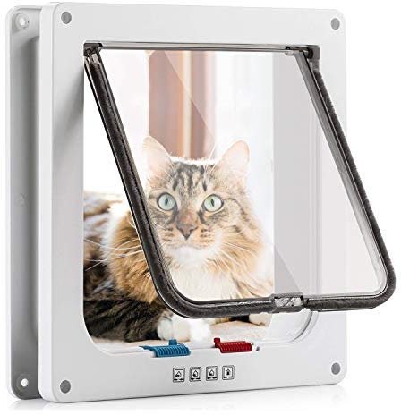 Sailnovo Puerta de Gato (tamaño Exterior 19 x 20 x 2,1 cm), Puerta para Gatos con 4 bloqueos para Puertas Interiores y Exteriores, Resistente a la Intemperie para Gatos y Perros, fácil instalación
